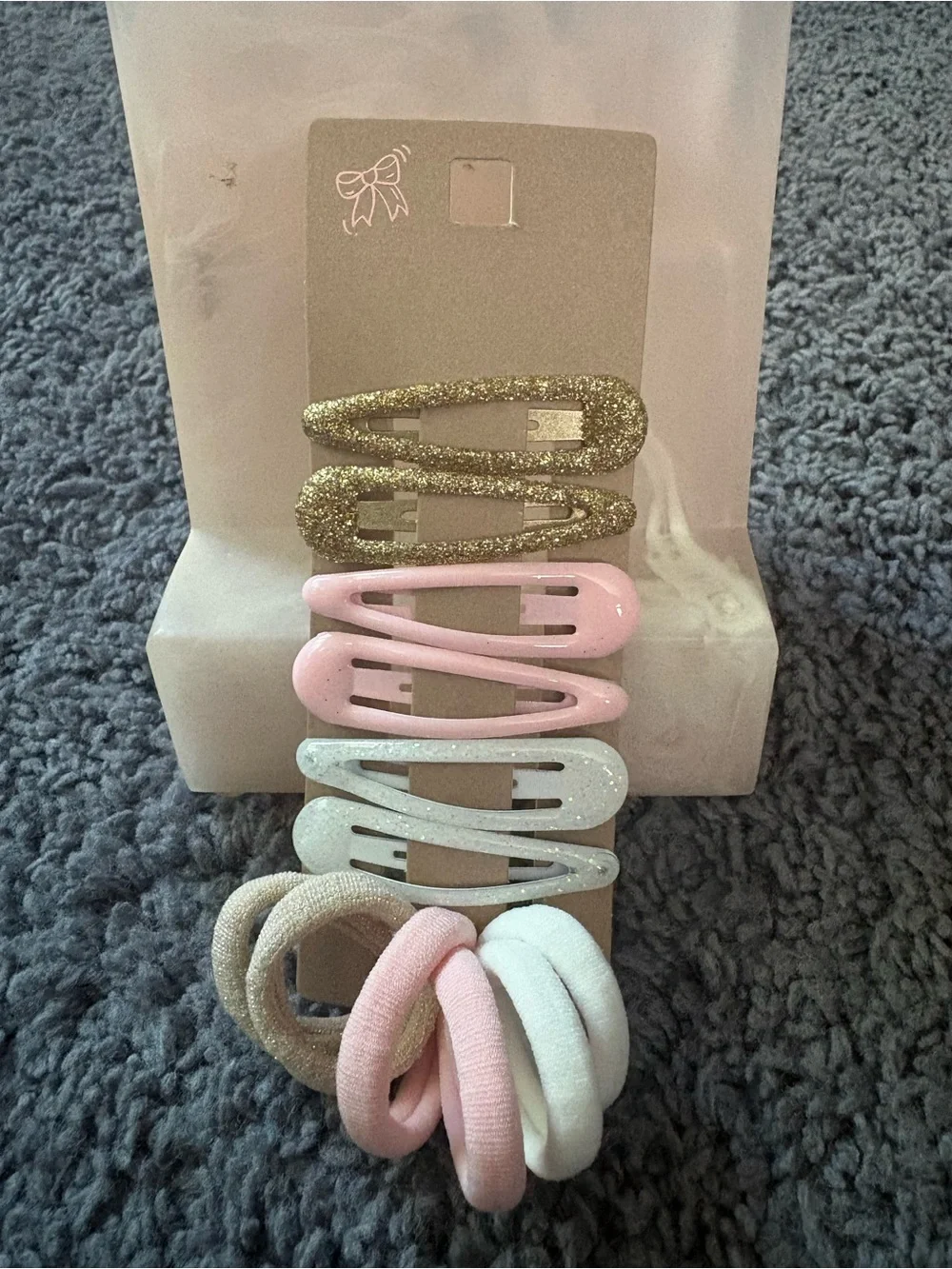NWT set of 3 pairs of hair ties and barrettes to match - gold, pink, and white